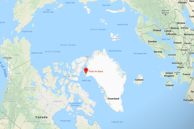 Greenland. It’s “close” to Russia, but in order to demonstrate the relationship in Google Earth the map zooms out so far Saudi Arabia is visible.